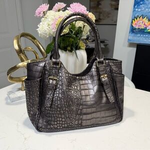 Brown Croc Embossed Leather Tote Bag Large Structured Work Handbag